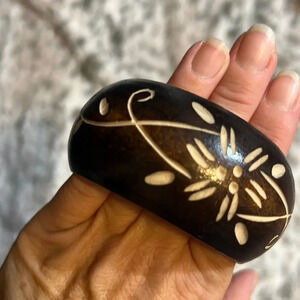 Black and Cream Wood Carved Wide Bangle Bracelet